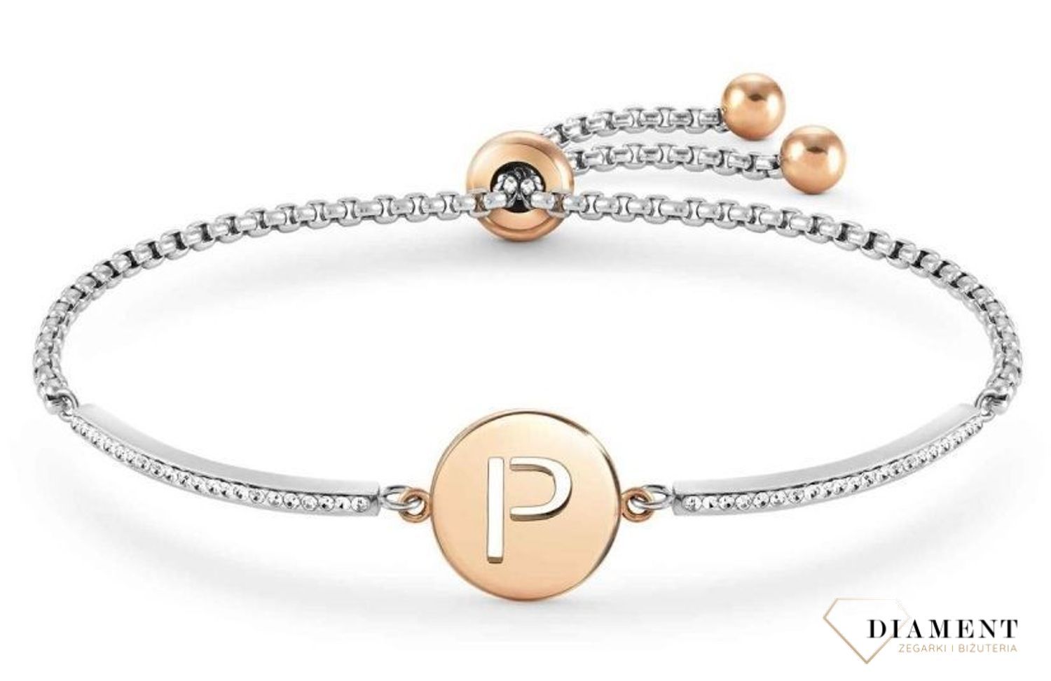 Bransoletka Nomination Italy z kolekcji Milleluci Letters. Wykonana ze stali szlachetnej, zdobiona mieniącymi.jpg